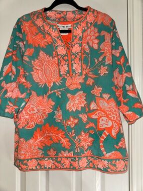 Gretchen Scott Tropical Floral Top in Teal and Coral